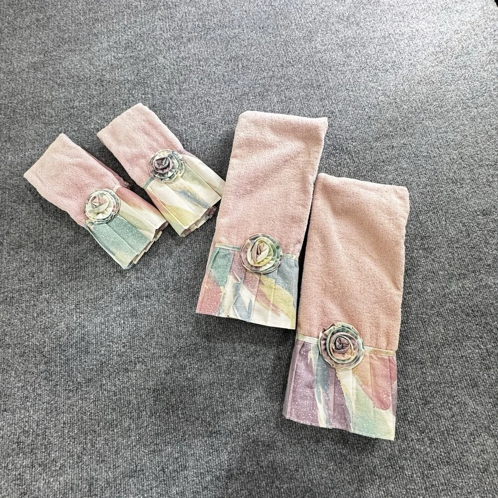 4pc Vtg AVANTI Bath Towel Set 1978 Pink Floral Ruffles Rosettes Hand Fingertip